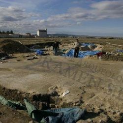 Vista mosaico Meleagro durante los trabajos de limpieza