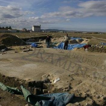 Vista mosaico Meleagro durante los trabajos de limpieza